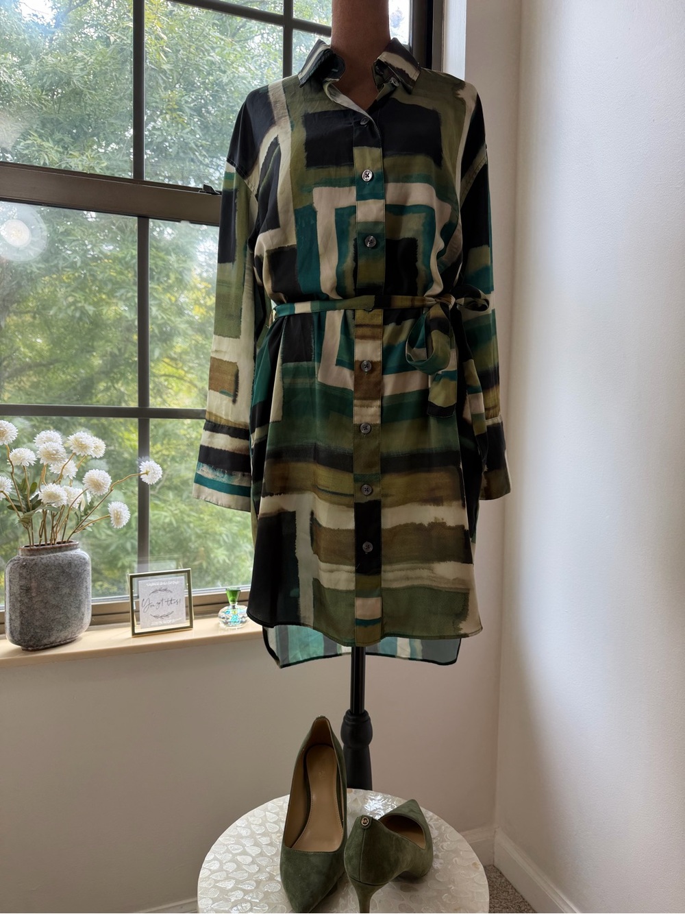 Banana Republic Olive Green & Black Abstract Shirt Dress